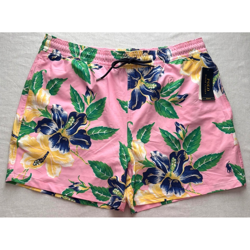 Polo Ralph Lauren Mens XXL Pink Tropical Floral Swim Trunks Slim Fit NEW